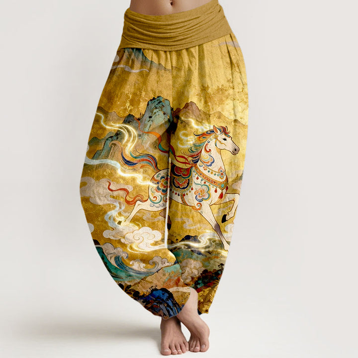 Buddha Stones Cotton Gorgeous Mountain Horse Cloud Pattern Women's Elastic Waist Harem Pants - Goldenrod - US16，UK/AU20，EU48 (3XL) - image 0