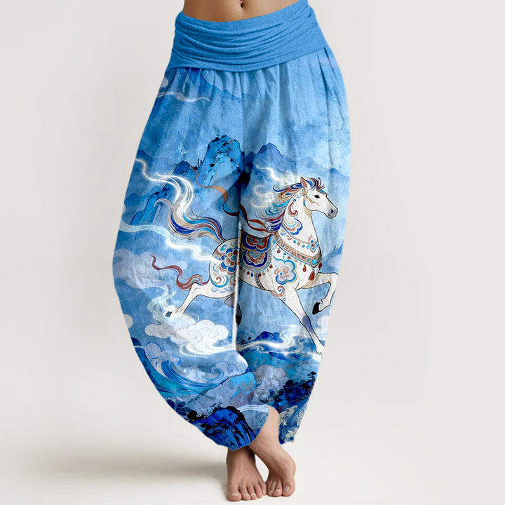 Buddha Stones Cotton Gorgeous Mountain Horse Cloud Pattern Women's Elastic Waist Harem Pants - DodgerBlue - US16，UK/AU20，EU48 (3XL) - image 8