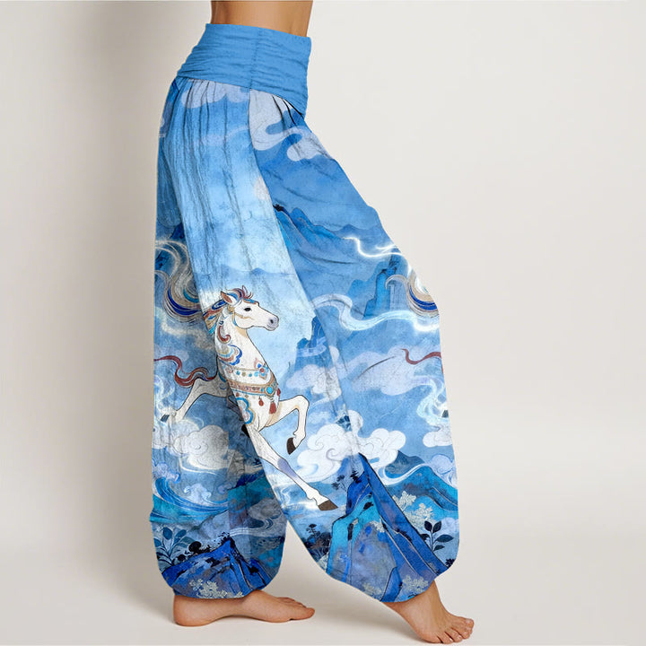 Buddha Stones Cotton Gorgeous Mountain Horse Cloud Pattern Women's Elastic Waist Harem Pants - image 10