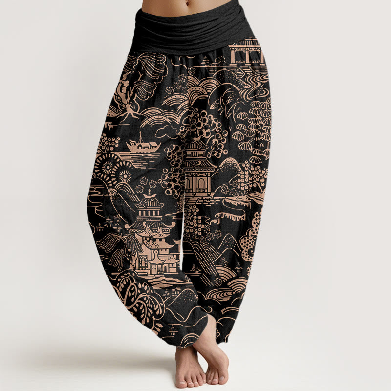 Buddha Stones Cotton Exquisite Tree Building Cloud Pattern Women's Elastic Waist Harem Pants - Black - US16，UK/AU20，EU48 (3XL) - image 8