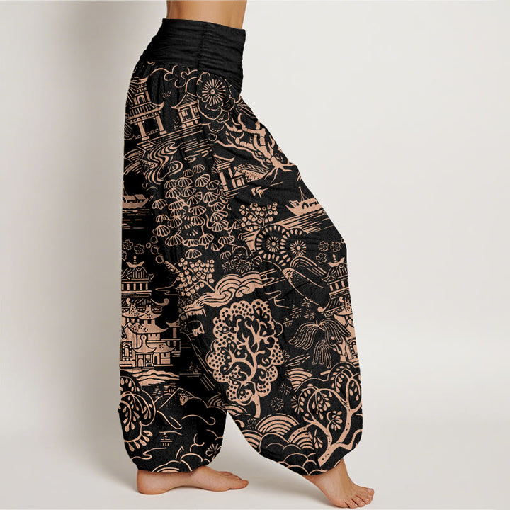 Buddha Stones Cotton Exquisite Tree Building Cloud Pattern Women's Elastic Waist Harem Pants - image 10