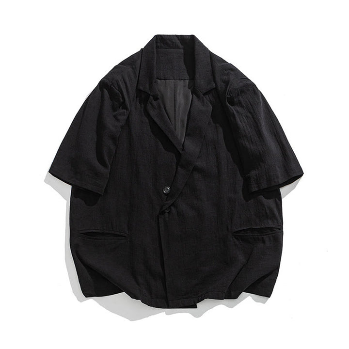 Buddha Stones Spring Plain Asymmetrical Lapel Collar Short Sleeve Men's Cotton Linen Shirt With Pockets - image 17