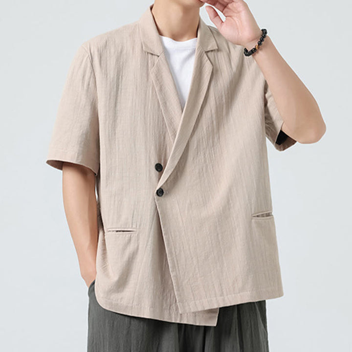 Buddha Stones Spring Plain Asymmetrical Lapel Collar Short Sleeve Men's Cotton Linen Shirt With Pockets - image 24