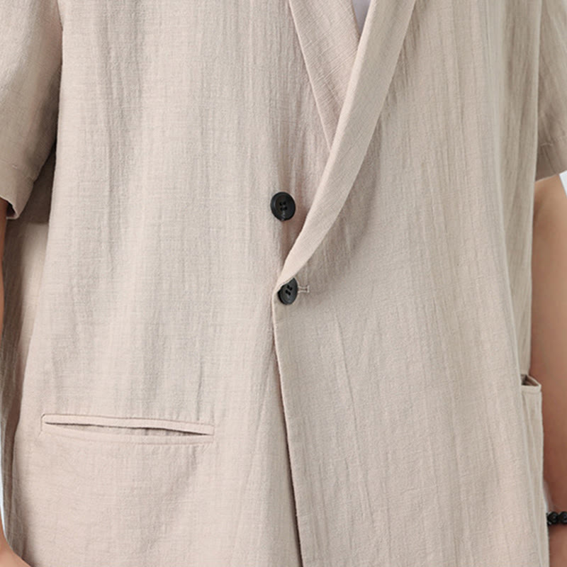 Buddha Stones Spring Plain Asymmetrical Lapel Collar Short Sleeve Men's Cotton Linen Shirt With Pockets - image 28