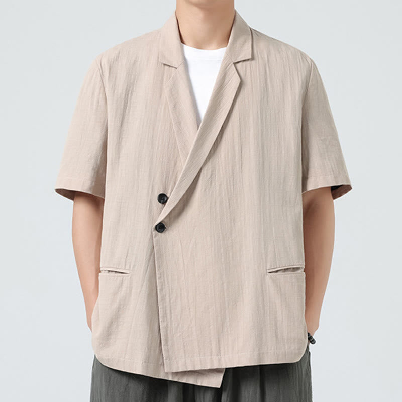 Buddha Stones Spring Plain Asymmetrical Lapel Collar Short Sleeve Men's Cotton Linen Shirt With Pockets - image 21