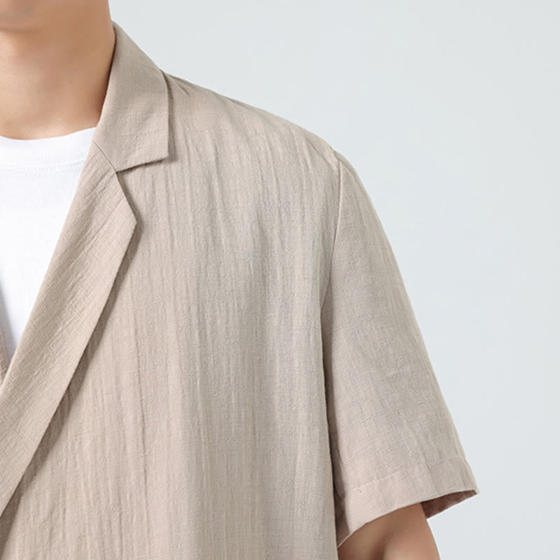 Buddha Stones Spring Plain Asymmetrical Lapel Collar Short Sleeve Men's Cotton Linen Shirt With Pockets - image 27