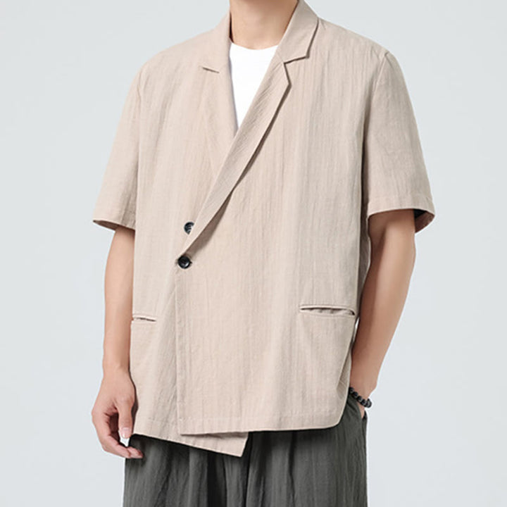 Buddha Stones Spring Plain Asymmetrical Lapel Collar Short Sleeve Men's Cotton Linen Shirt With Pockets - image 20