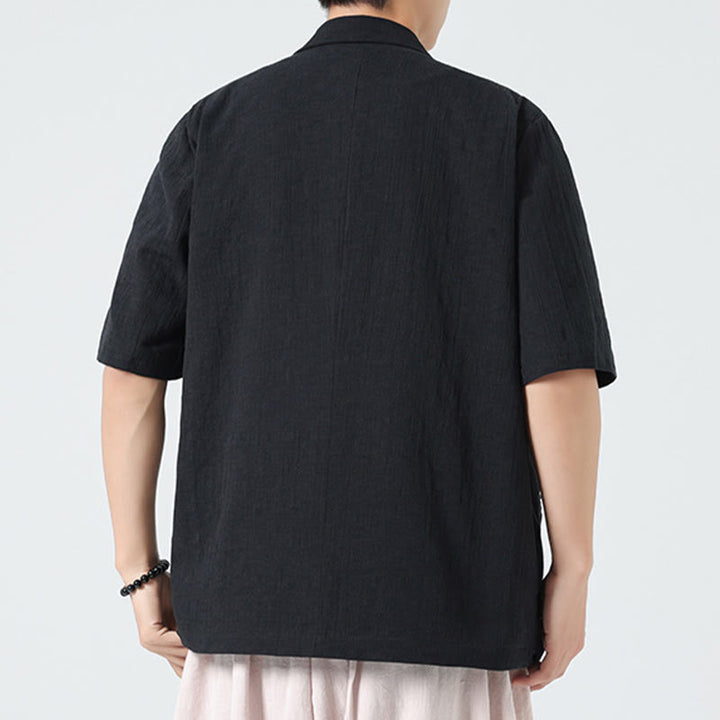 Buddha Stones Spring Plain Asymmetrical Lapel Collar Short Sleeve Men's Cotton Linen Shirt With Pockets - image 14