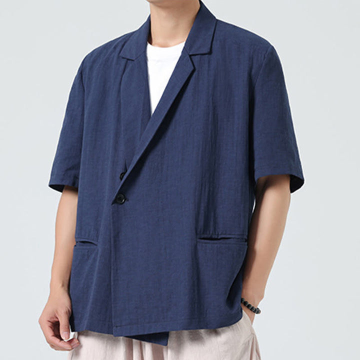 Buddha Stones Spring Plain Asymmetrical Lapel Collar Short Sleeve Men's Cotton Linen Shirt With Pockets - image 4