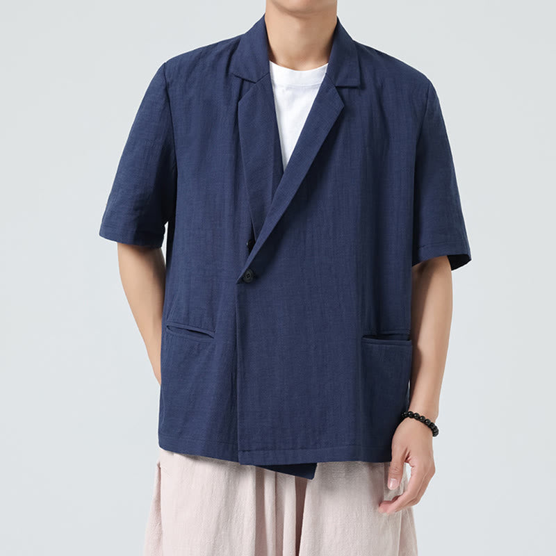 Buddha Stones Spring Plain Asymmetrical Lapel Collar Short Sleeve Men's Cotton Linen Shirt With Pockets - DarkBlue - US/UK/AU46，EU56 (5XL) - image 1