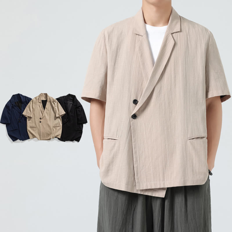 Buddha Stones Spring Plain Asymmetrical Lapel Collar Short Sleeve Men's Cotton Linen Shirt With Pockets - image 25