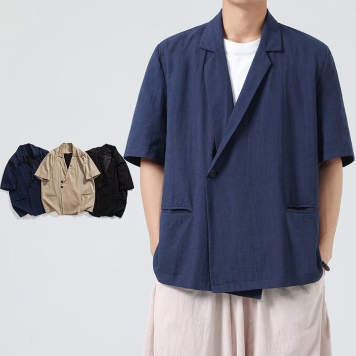 Buddha Stones Spring Plain Asymmetrical Lapel Collar Short Sleeve Men's Cotton Linen Shirt With Pockets - image 7