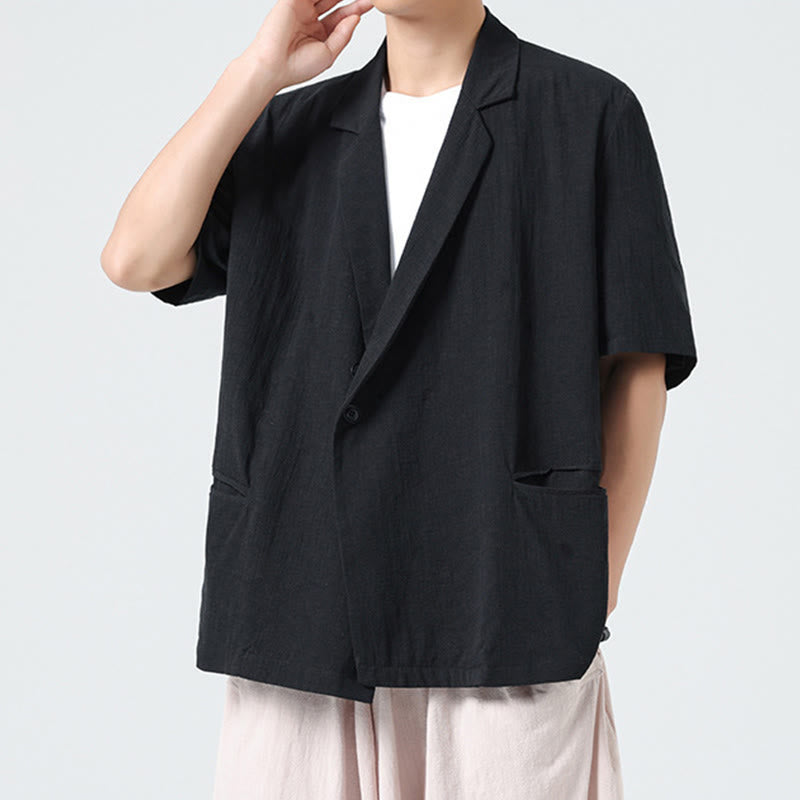 Buddha Stones Spring Plain Asymmetrical Lapel Collar Short Sleeve Men's Cotton Linen Shirt With Pockets - image 10