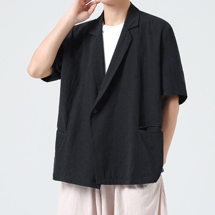 Buddha Stones Spring Plain Asymmetrical Lapel Collar Short Sleeve Men's Cotton Linen Shirt With Pockets - image 10