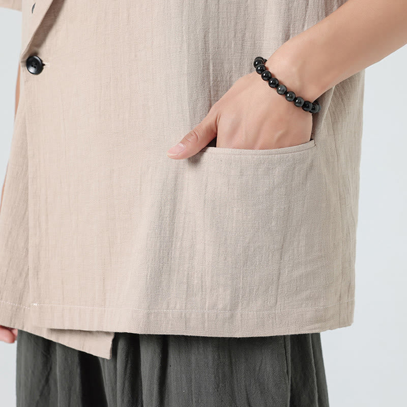 Buddha Stones Spring Plain Asymmetrical Lapel Collar Short Sleeve Men's Cotton Linen Shirt With Pockets - image 29