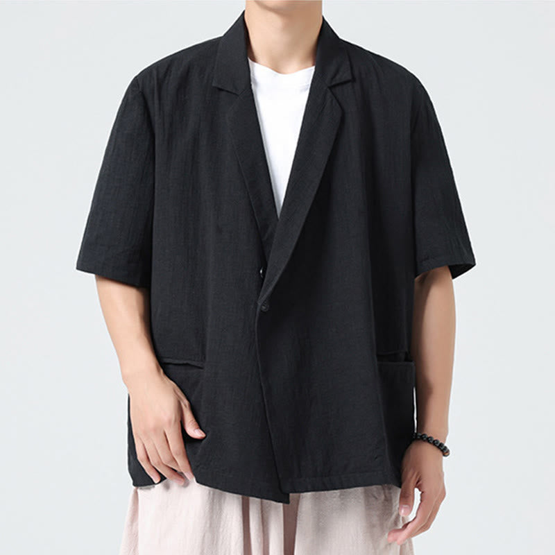 Buddha Stones Spring Plain Asymmetrical Lapel Collar Short Sleeve Men's Cotton Linen Shirt With Pockets - image 13