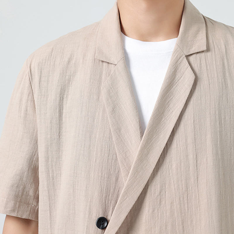 Buddha Stones Spring Plain Asymmetrical Lapel Collar Short Sleeve Men's Cotton Linen Shirt With Pockets - image 26