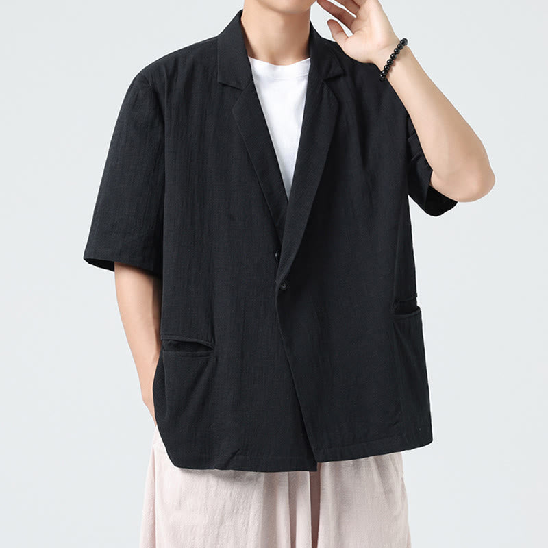 Buddha Stones Spring Plain Asymmetrical Lapel Collar Short Sleeve Men's Cotton Linen Shirt With Pockets - Black - US/UK/AU46，EU56 (5XL) - image 8