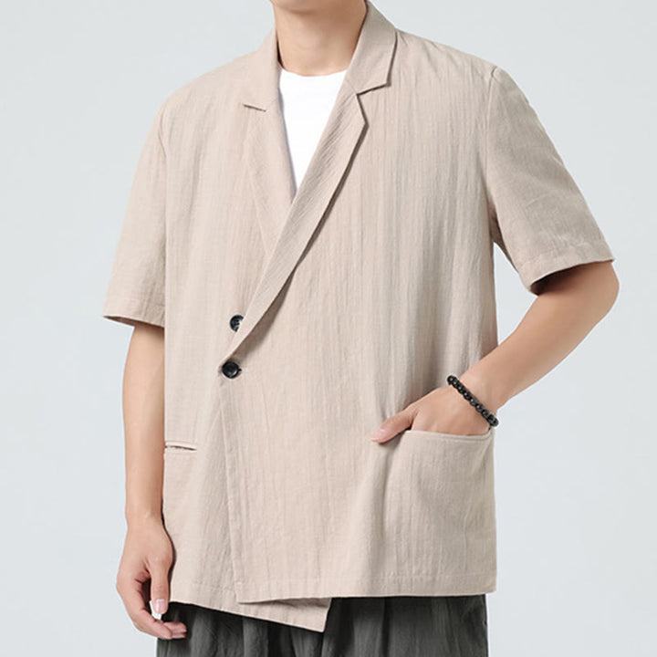 Buddha Stones Spring Plain Asymmetrical Lapel Collar Short Sleeve Men's Cotton Linen Shirt With Pockets - image 19