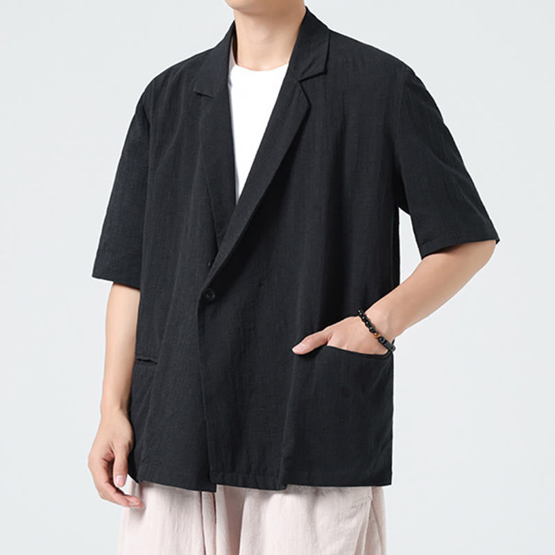 Buddha Stones Spring Plain Asymmetrical Lapel Collar Short Sleeve Men's Cotton Linen Shirt With Pockets - image 12