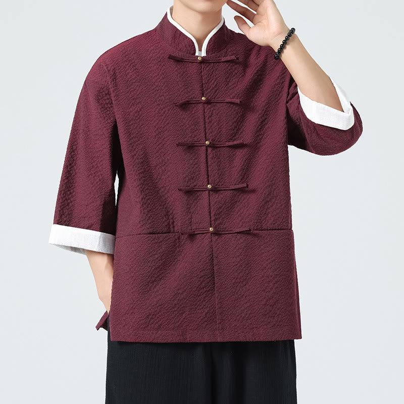 Buddha Stones Spring Solid Color Three Quarter Sleeve Tang Suit Men's Buttons Shirt With Pockets - image 16