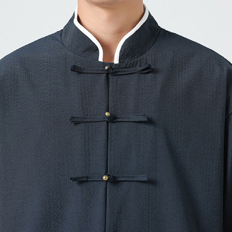 Buddha Stones Spring Solid Color Three Quarter Sleeve Tang Suit Men's Buttons Shirt With Pockets - image 9