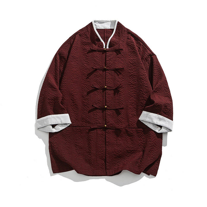 Buddha Stones Spring Solid Color Three Quarter Sleeve Tang Suit Men's Buttons Shirt With Pockets - DarkRed - US/UK/AU46，EU56 (5XL) - image 13