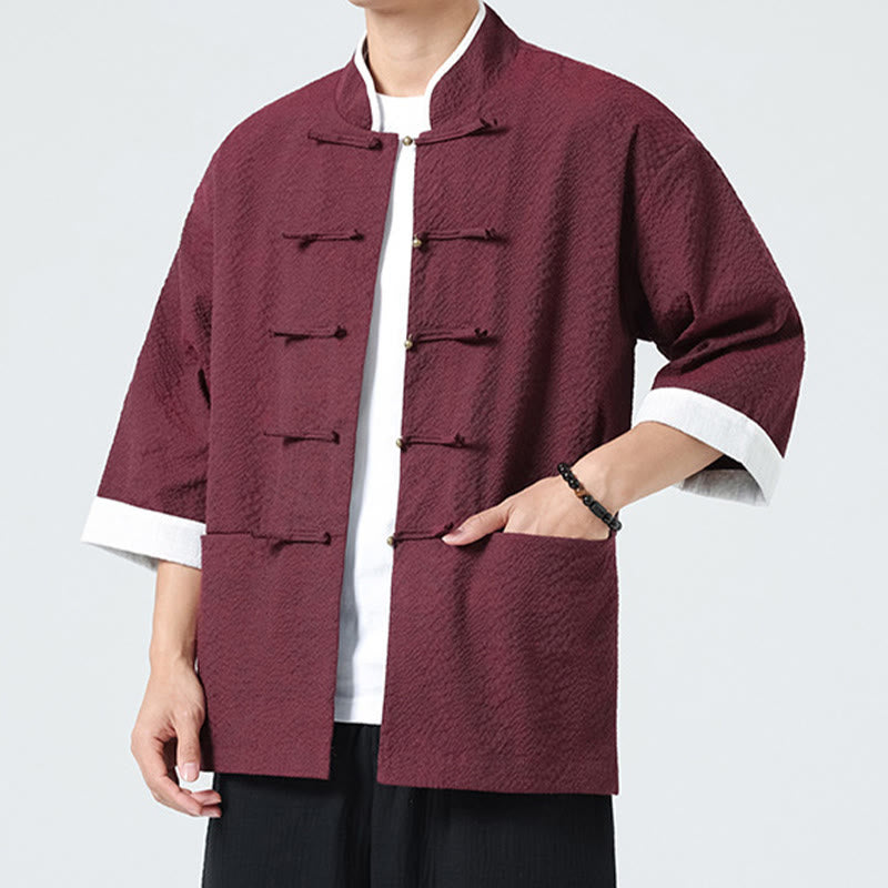 Buddha Stones Spring Solid Color Three Quarter Sleeve Tang Suit Men's Buttons Shirt With Pockets - image 19