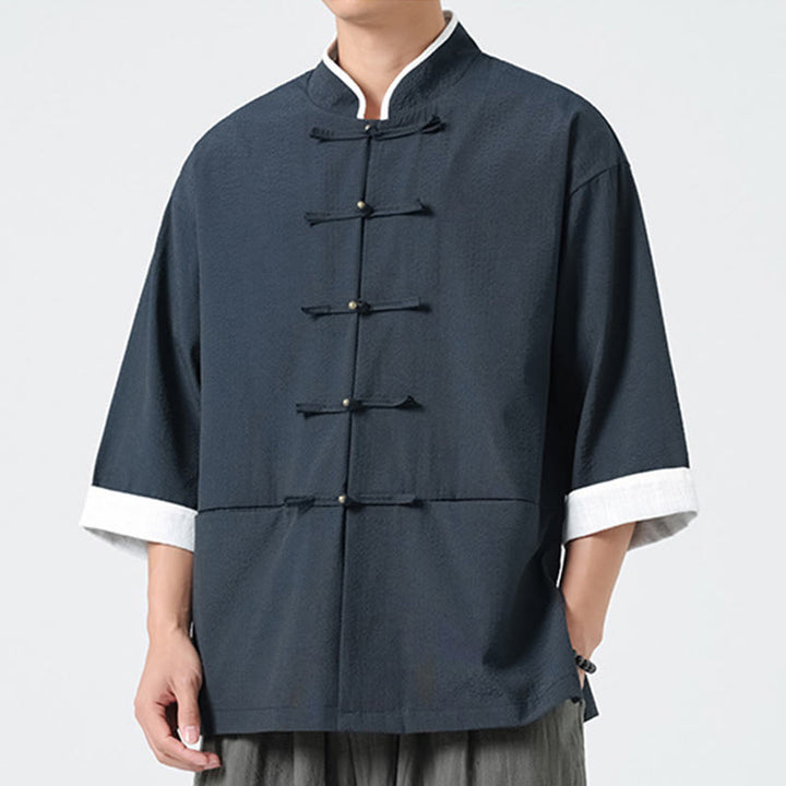 Buddha Stones Spring Solid Color Three Quarter Sleeve Tang Suit Men's Buttons Shirt With Pockets - image 3