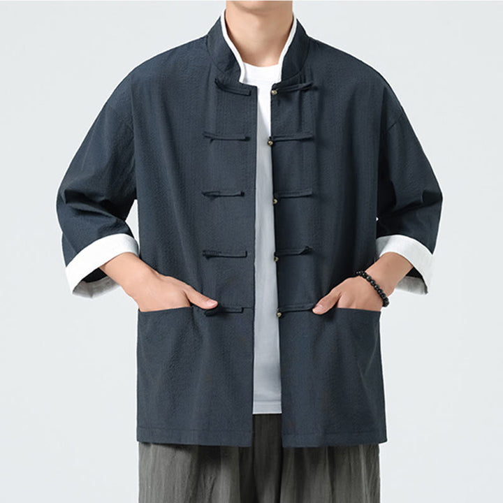 Buddha Stones Spring Solid Color Three Quarter Sleeve Tang Suit Men's Buttons Shirt With Pockets - image 8