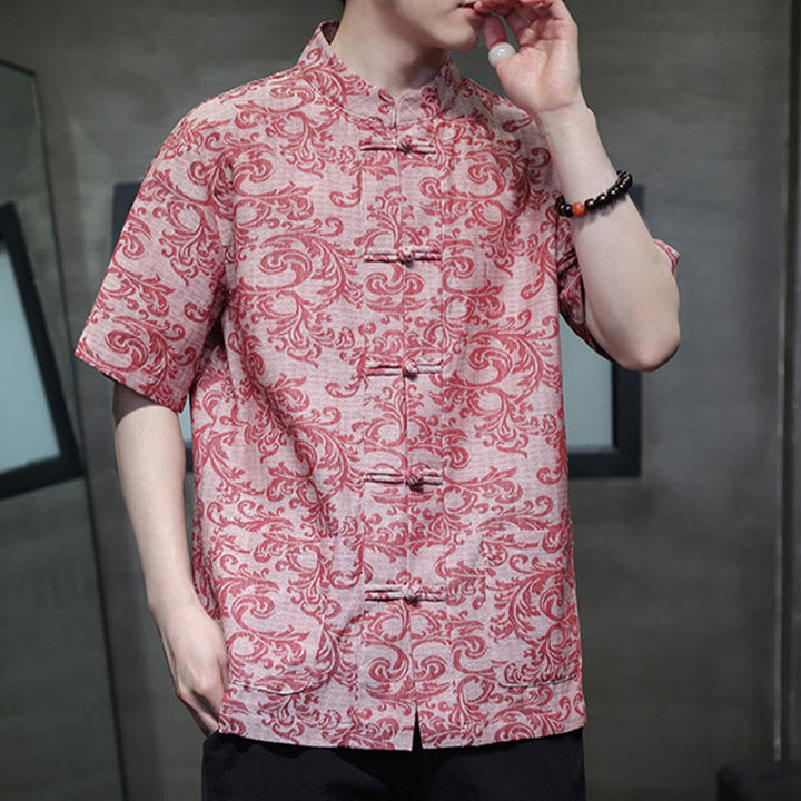 Buddha Stones Summer Floral Vine Pattern Tang Suit Men's Frog-Button Short Sleeve Shirt With Pockets - image 17