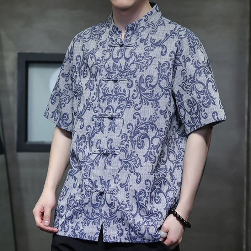 Buddha Stones Summer Floral Vine Pattern Tang Suit Men's Frog-Button Short Sleeve Shirt With Pockets - image 3