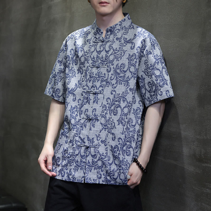 Buddha Stones Summer Floral Vine Pattern Tang Suit Men's Frog-Button Short Sleeve Shirt With Pockets - image 8