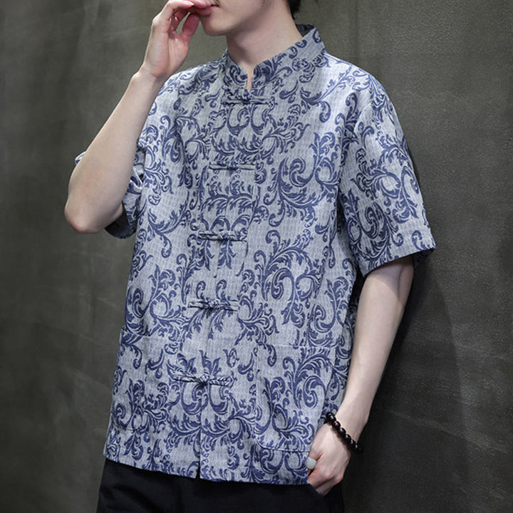 Buddha Stones Summer Floral Vine Pattern Tang Suit Men's Frog-Button Short Sleeve Shirt With Pockets - image 7