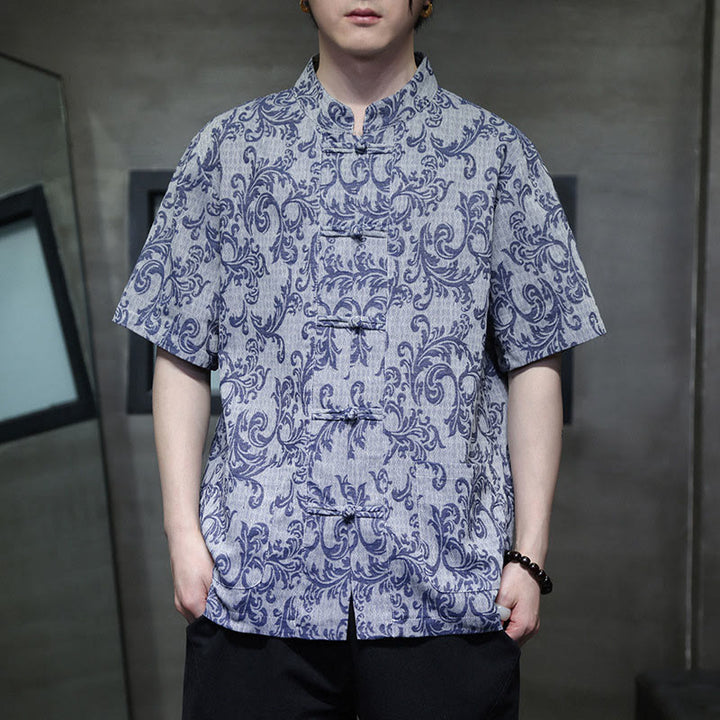 Buddha Stones Summer Floral Vine Pattern Tang Suit Men's Frog-Button Short Sleeve Shirt With Pockets - LightSteelBlue - US/UK/AU44，EU54 (4XL) - image 0