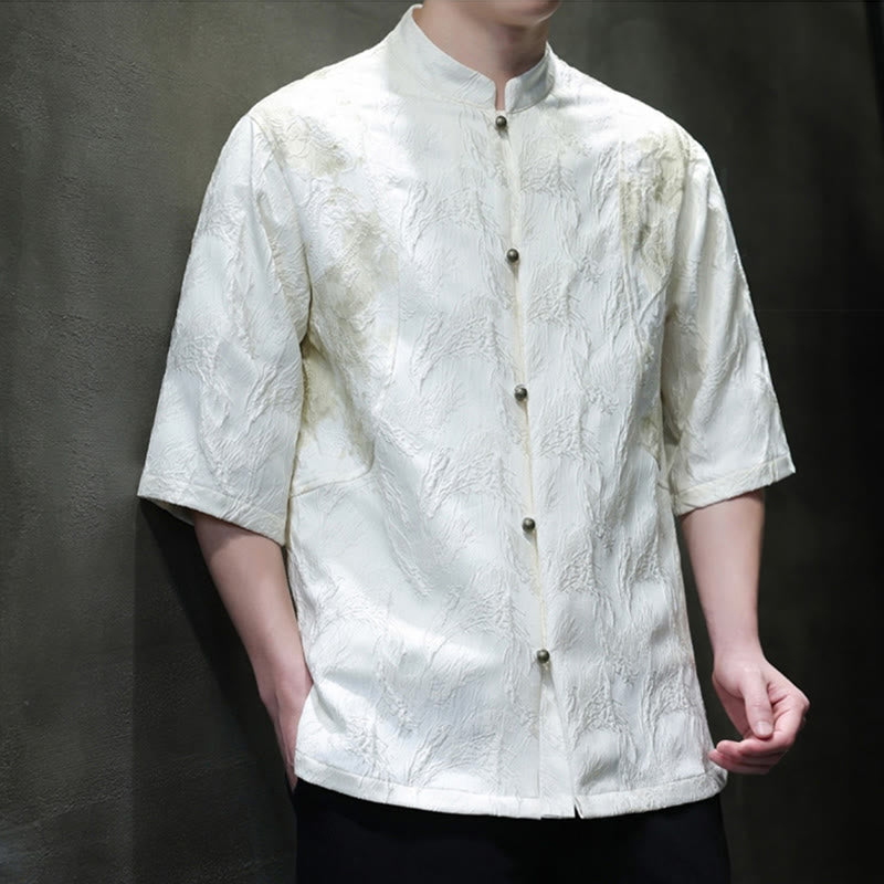 Buddha Stones Textured Jacquard Bagua Pattern Button Tang Suit Men's Half Sleeve Cotton Shirt - image 1