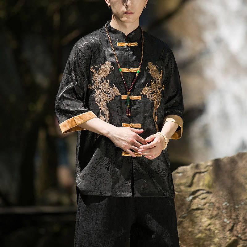 Buddha Stones Embroidered Dragon Pattern Colorblock Design Tang Suit Men's Frog-Button Half Sleeve Shirt - image 12