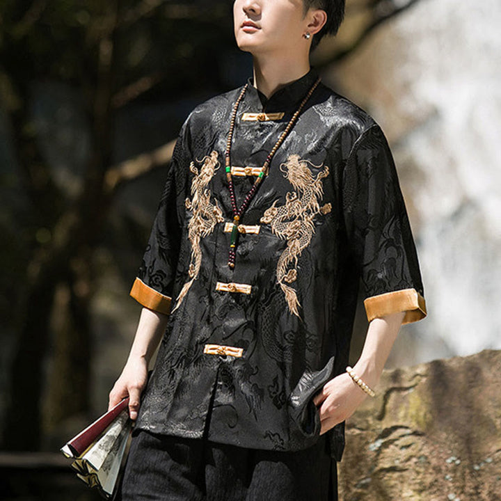 Buddha Stones Embroidered Dragon Pattern Colorblock Design Tang Suit Men's Frog-Button Half Sleeve Shirt - image 15