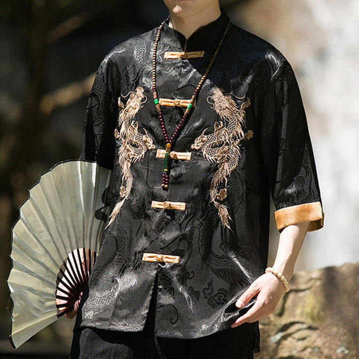 Buddha Stones Embroidered Dragon Pattern Colorblock Design Tang Suit Men's Frog-Button Half Sleeve Shirt - image 18
