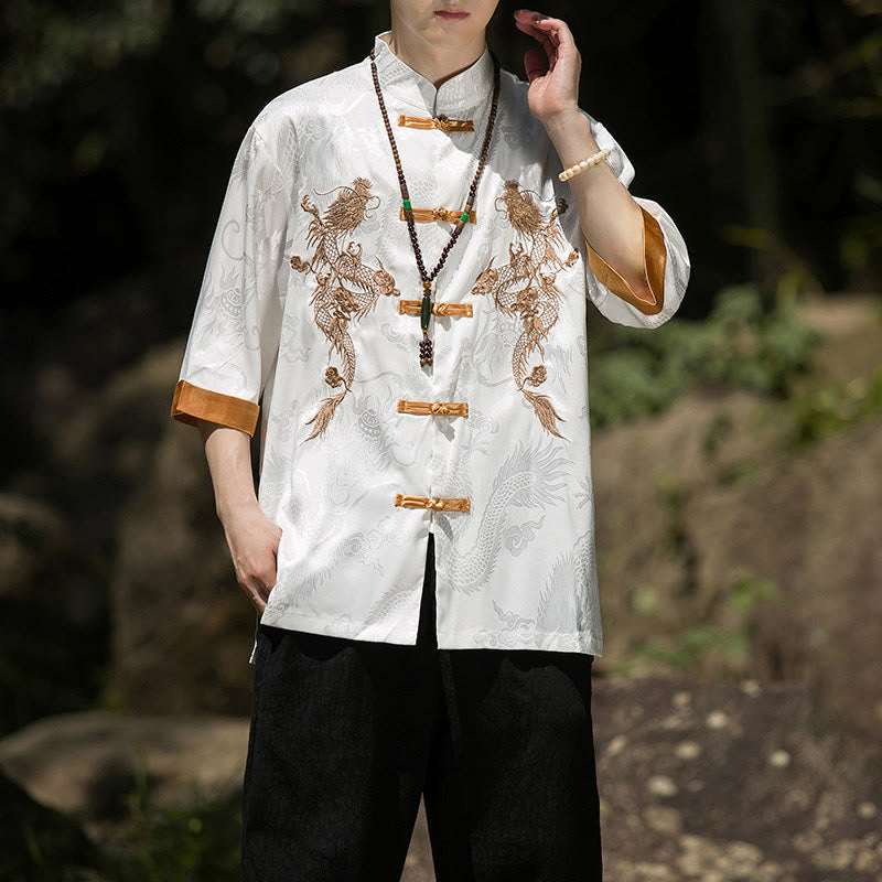 Buddha Stones Embroidered Dragon Pattern Colorblock Design Tang Suit Men's Frog-Button Half Sleeve Shirt - image 6