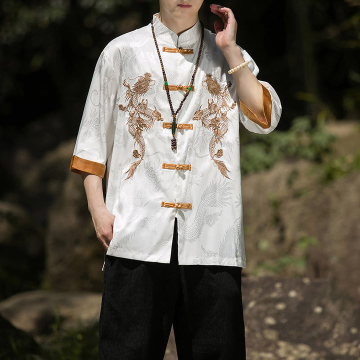 Buddha Stones Embroidered Dragon Pattern Colorblock Design Tang Suit Men's Frog-Button Half Sleeve Shirt - image 6