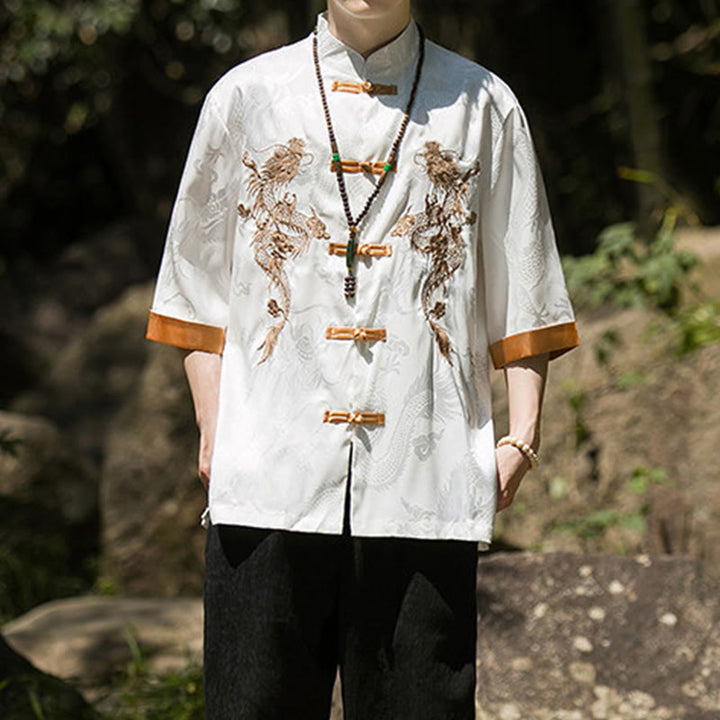 Buddha Stones Embroidered Dragon Pattern Colorblock Design Tang Suit Men's Frog-Button Half Sleeve Shirt - image 4