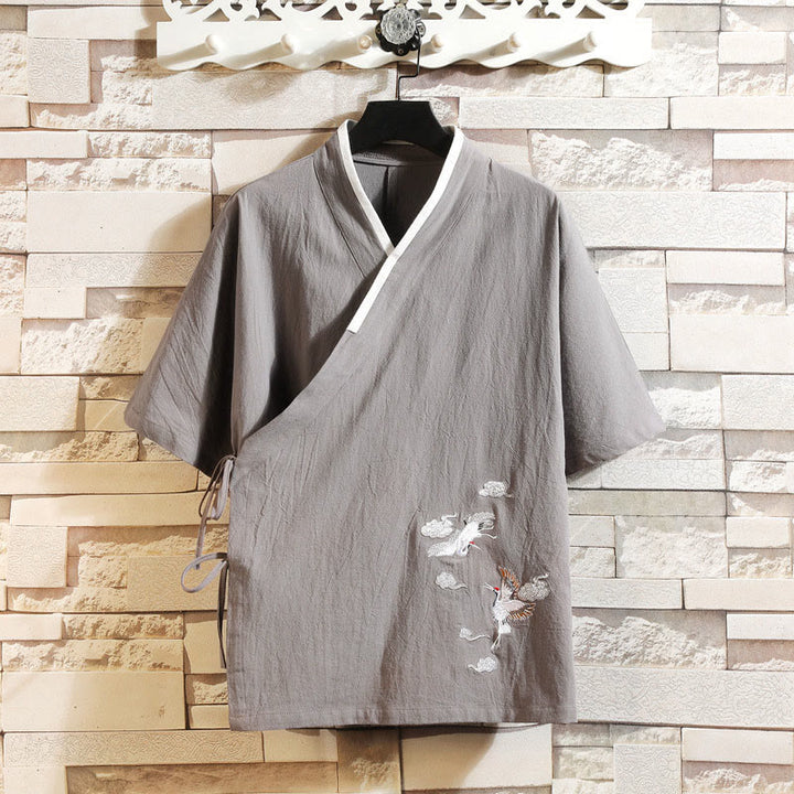 Buddha Stones Embroidered Crane Auspicious Cloud Pattern Open Front Short Sleeve Jacket Men's Cotton Kimono - DarkGray - US/UK/AU46，EU56 (5XL) - image 2