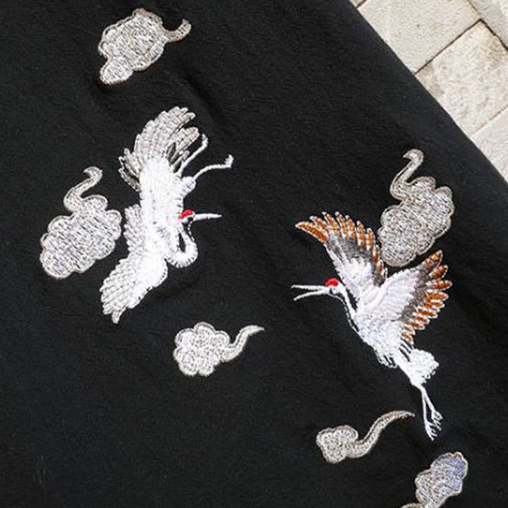 Buddha Stones Embroidered Crane Auspicious Cloud Pattern Open Front Short Sleeve Jacket Men's Cotton Kimono - image 10