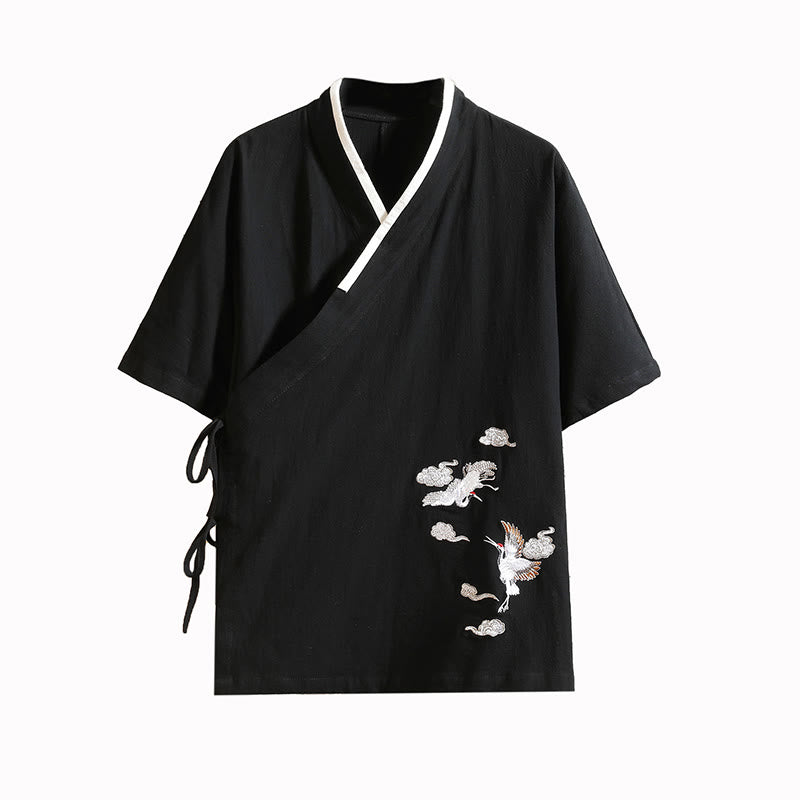 Buddha Stones Embroidered Crane Auspicious Cloud Pattern Open Front Short Sleeve Jacket Men's Cotton Kimono - image 14