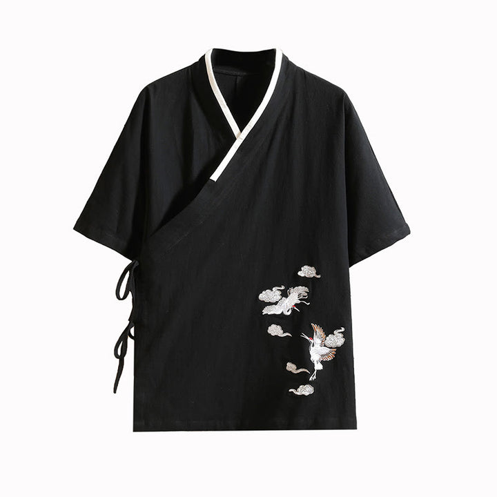 Buddha Stones Embroidered Crane Auspicious Cloud Pattern Open Front Short Sleeve Jacket Men's Cotton Kimono - image 14