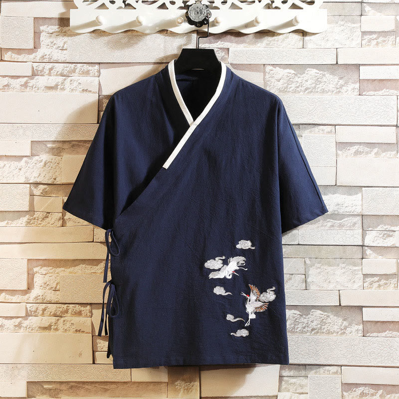 Buddha Stones Embroidered Crane Auspicious Cloud Pattern Open Front Short Sleeve Jacket Men's Cotton Kimono - MidnightBlue - US/UK/AU46，EU56 (5XL) - image 0