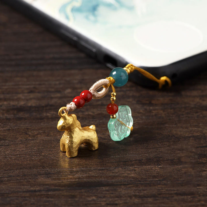 Buddha Stones Year of the Horse Copper Cinnabar Blue Chalcedony Red Agate Liuli Luck Phone Hanging Decoration - Golden Horse - image 0