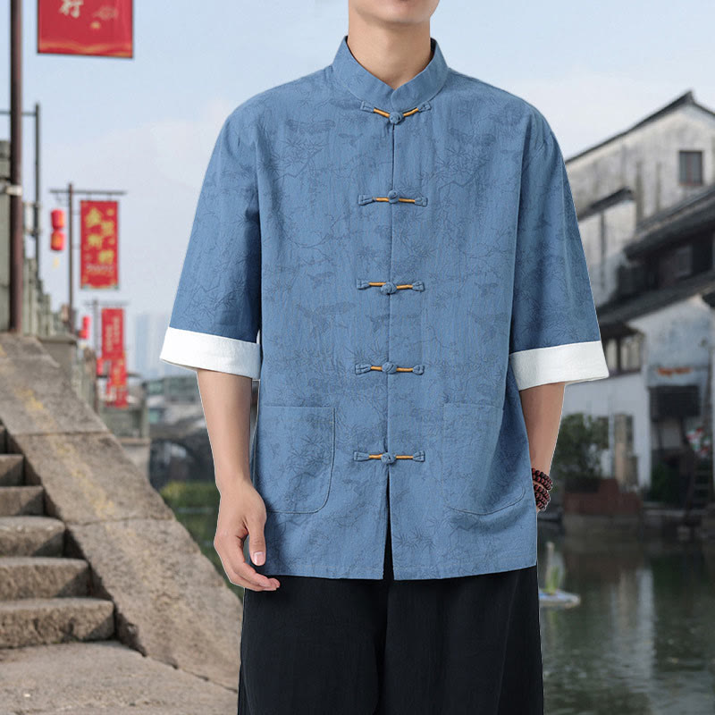 Buddha Stones Summer Crane Pine Tree Pattern Tang Suit Men's Frog-Button Half Sleeve Cotton Shirt With Pockets - LightSkyBlue - US/UK/AU46，EU56 (5XL) - image 14