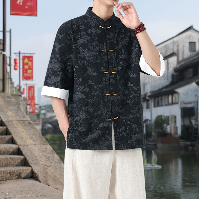 Buddha Stones Summer Crane Pine Tree Pattern Tang Suit Men's Frog-Button Half Sleeve Cotton Shirt With Pockets - image 2